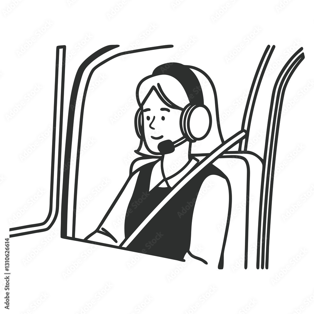 Poster male customer service operator in front of a computer line drawing with a headset.