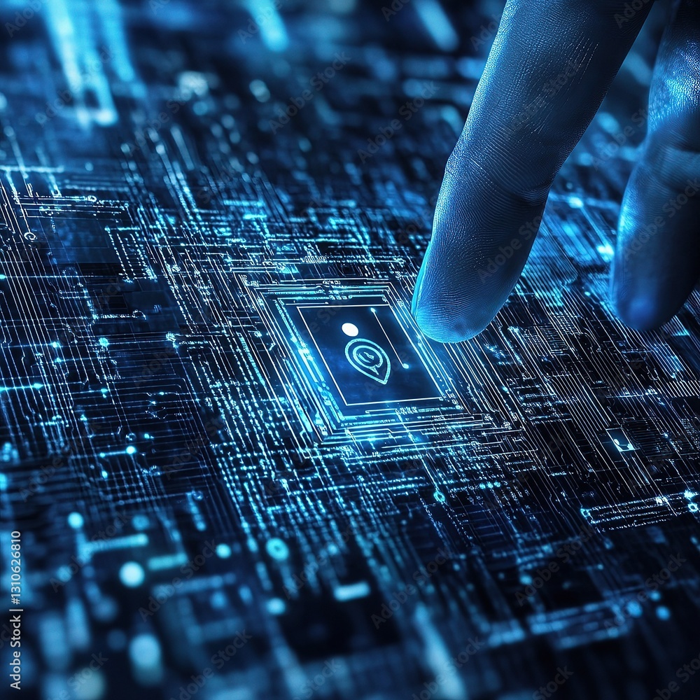 Poster abstract technology background with cybersecurity elements and finger