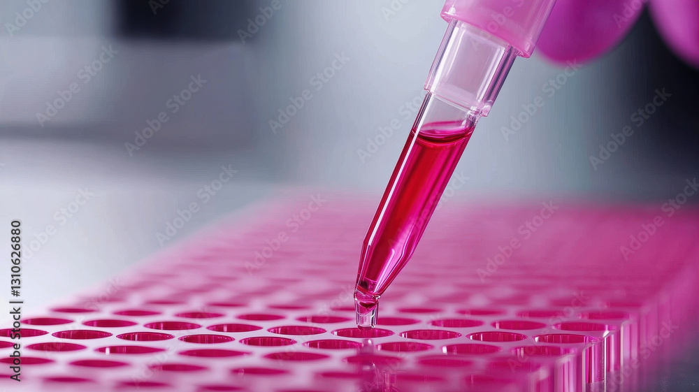 Poster automated pipetting system analyzing liquid samples with precision and accuracy. vibrant pink liquid