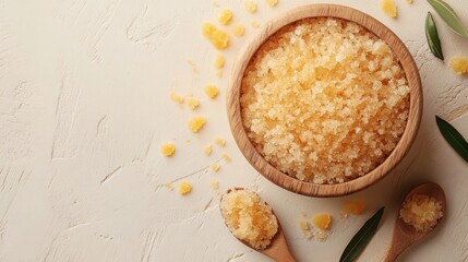 A simple bowl filled with coarse sea salt ideal for use in body scrubs and skin care treatments