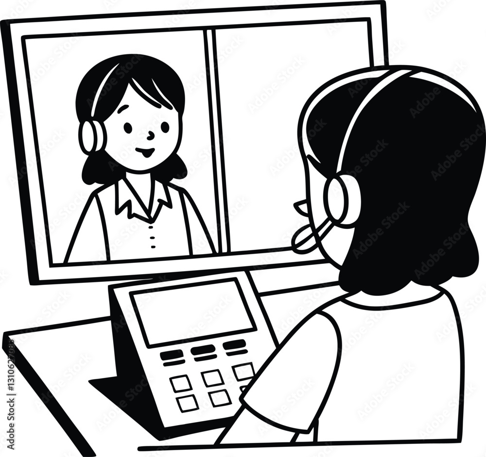 Aufkleber female customer service operator line drawing in front of a computer with a headset.