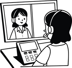 Female customer service operator line drawing  in front of a computer with a headset.