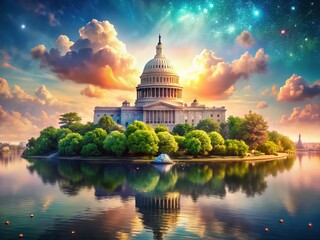 Obraz premium Majestic Capitol Building Floating Island: Surreal American Landscape