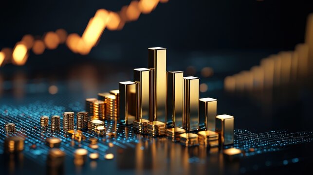 A conceptual bar graph made entirely of gold bricks increasing in size.