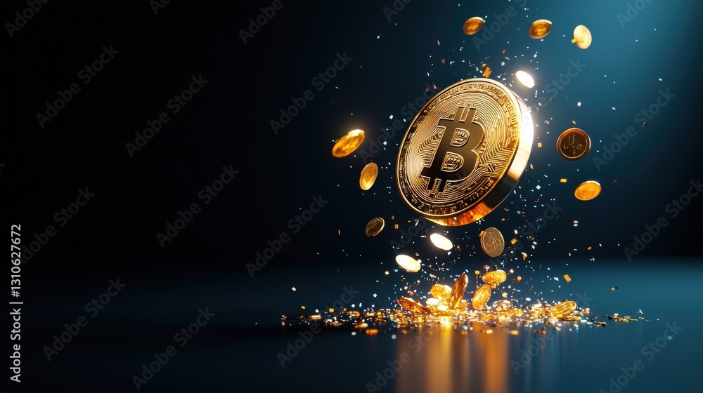 Poster a conceptual image of a digital gold coin with price metrics surrounding it.