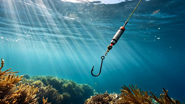 ocean plastic pollution concept, Underwater fishing hook among seaweed.