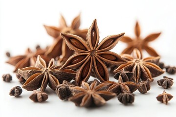 Star Anise Pods and Seeds on White Background for Culinary Use