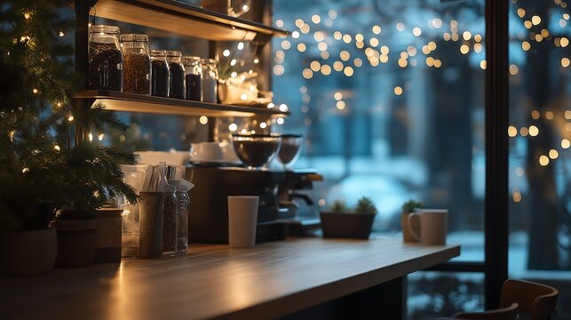 This stunning coffee shop photograph featuring a cozy shelf and table setup, perfect for a cafe or restaurant decor. The bokeh effect in the background adds a touch of magic to the scene