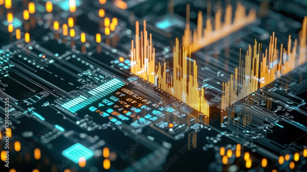 Poster a conceptual image of a glowing gold circuit board with a trading graph.