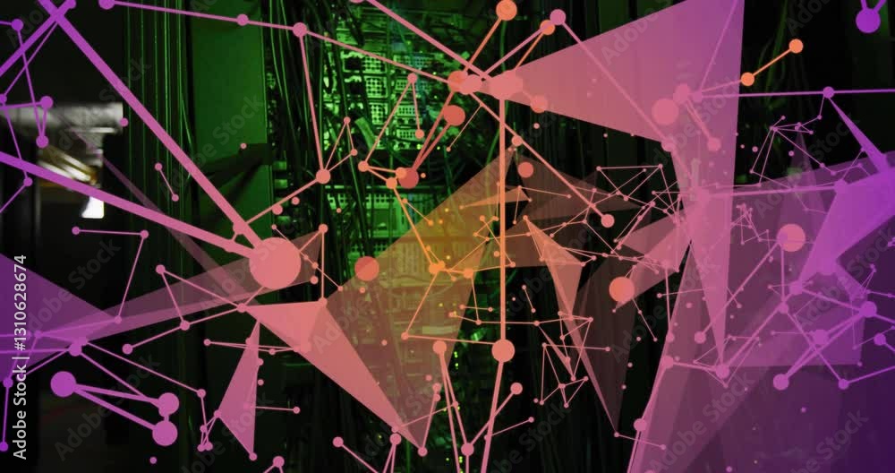 Poster network of connections and data processing animation over server racks