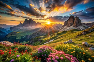 Majestic Dolomites Sunrise: Vibrant Flowers & Serene Mountain Landscape