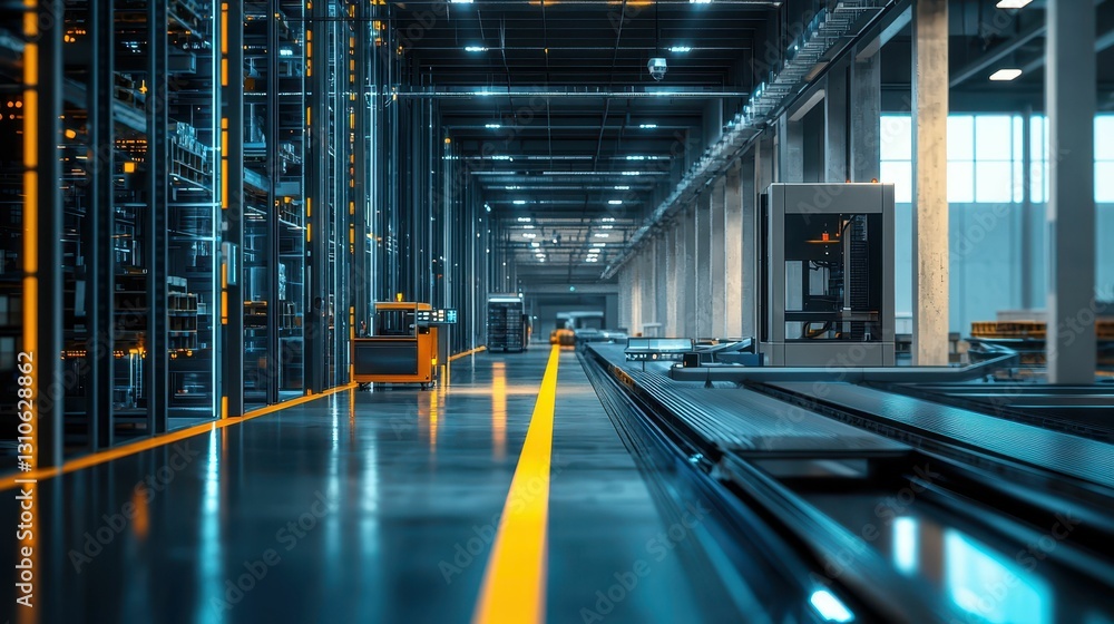 Poster Modern Automated Distribution Center with Conveyors and Robotics