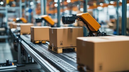 Fototapeta premium Modern Distribution Center with Sleek Robotics and Efficient Workflow
