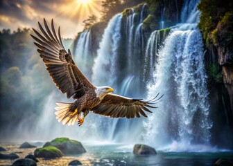 Fototapeta premium Majestic Eagle Soaring Above Dynamic Waterfall - Vertical Macro Photography