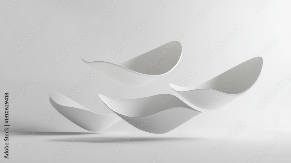 Poster Minimalist floating 3D shapes showcasing soft shadows and elegant light reflections in a futuristic design on a white background
