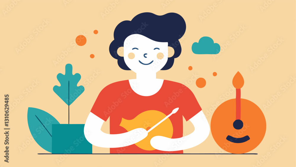 Poster skill practice a person practicing a hobby like painting or playing an instrument with a smile illus
