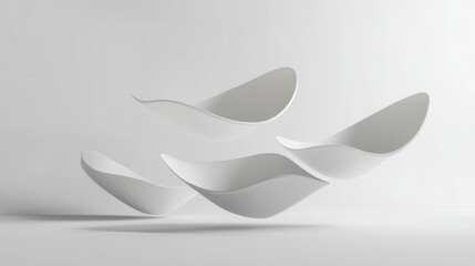 Minimalist floating 3D shapes showcasing soft shadows and elegant light reflections in a futuristic design on a white background