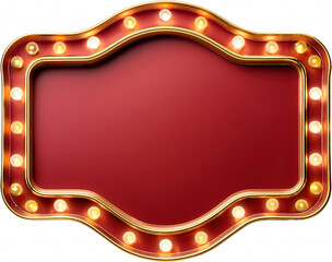 Red Marquee Signboard with Golden Frame and Illuminated Bulbs Blank Template for Advertisement