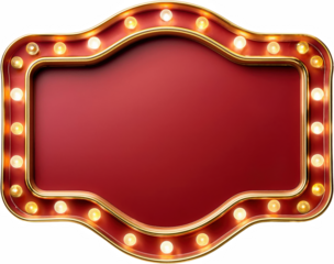 Red Marquee Signboard with Golden Frame and Illuminated Bulbs Blank Template for Advertisement