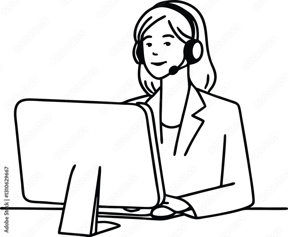 Aufkleber female customer service operator line drawing in front of a computer with a headset.