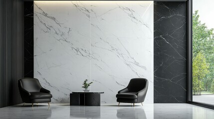 Modern Interior with Sleek Marble Walls and Black Furnishings