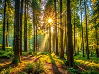 Fototapeta premium Majestic Forest Scene: Diverse Trees in Lush Sunlight, Stock Photo