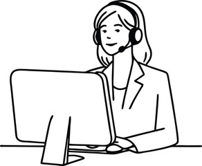 Female customer service operator line drawing  in front of a computer with a headset.
