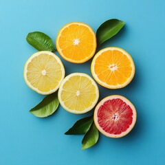 Obraz premium Vibrant citrus fruits and fresh green leaves beautifully arranged on a striking blue background for a fresh look