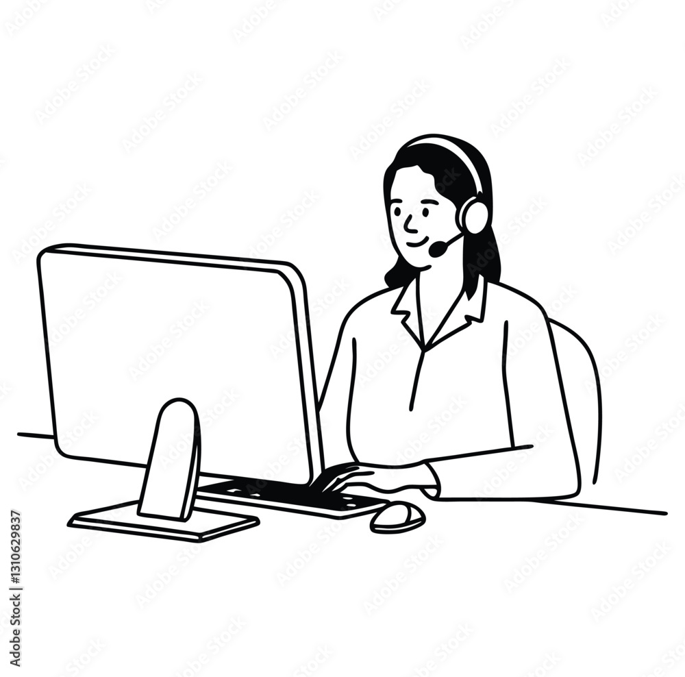 Aufkleber female customer service operator line drawing in front of a computer with a headset.