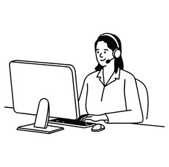 Female customer service operator line drawing  in front of a computer with a headset.