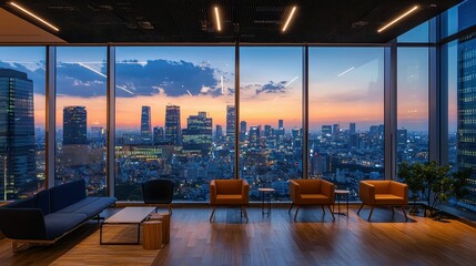 Fototapeta premium Modern Office Interior with Stunning City View at Dusk