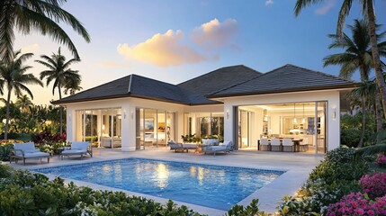 Fototapeta premium Modern Luxury Home with Spacious Patio at Sunset, Embracing Golden Hour Warmth and Elegance