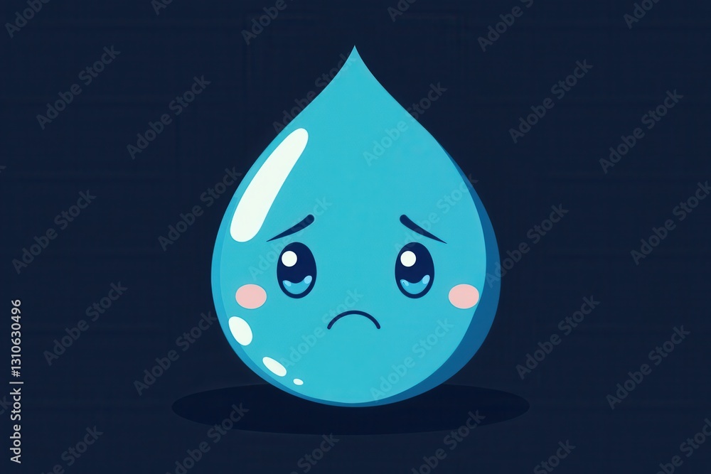 Poster sad blue water drop icon with eyes, simple design conveys emotion in a minimalist style and expresse