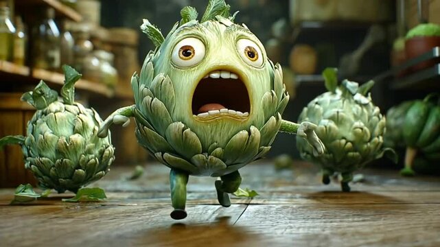 Cartoon artichoke characters running, scared expression, kitchen background