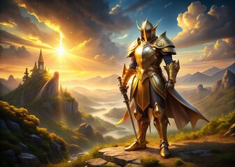 Naklejka premium Majestic Golden Knight in Radiant Armor, Divine Light Illuminates Serene Landscape