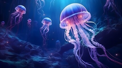 3D underwater life web banner with a mesmerizing deep-sea scene and glowing jellyfish