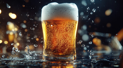 A glass of beer with foam and a splash, with a blurred bar scene in the background