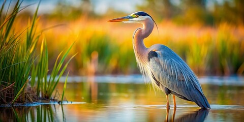 Obraz premium Majestic Great Blue Heron Standing in Marsh - Wildlife Photography