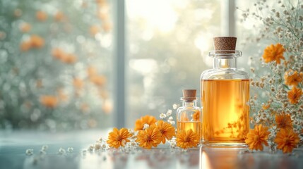 Beautiful bottle of essential oil surrounded by fresh flowers symbolizing customized wellness and aromatherapy