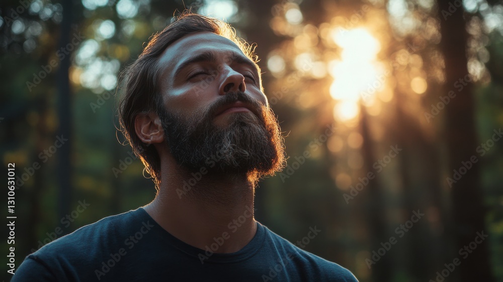 Poster man with a beard practicing deep breathing techniques in a calm and serene indoor environment for re
