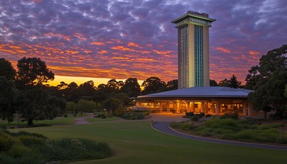 Obraz premium Modern Tower at Sunset with Vibrant Sky and Lush Gardens