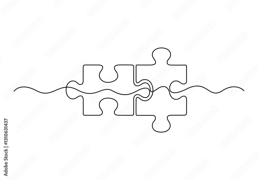Poster two connected puzzle pieces of continuous one line drawn. jigsaw puzzle element. vector illustration