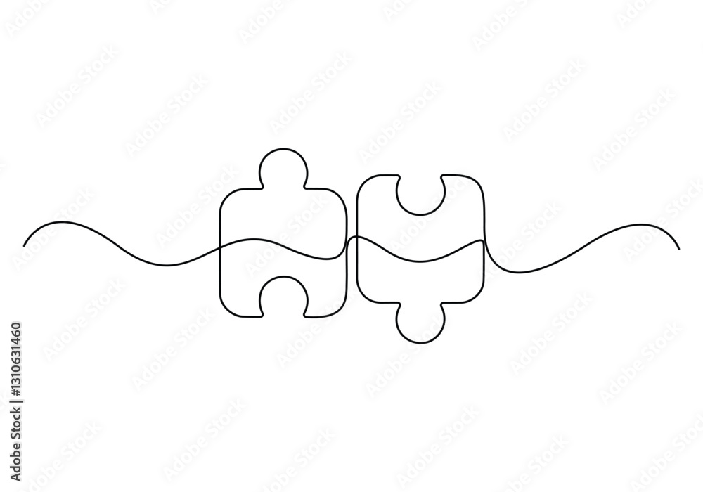 Poster two connected puzzle pieces of continuous one line drawn. jigsaw puzzle element. vector illustration