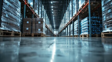 Modern Warehouse Interior with Neat Rows of Pallets and Lighting