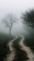 Mystical Crossroads in Ethereal Fog with Bare Trees and Soft Light