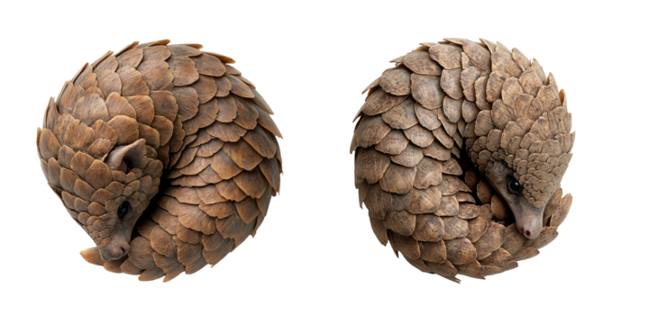 two pangolins curled up in a defensive posture. isolated on transparent background	
