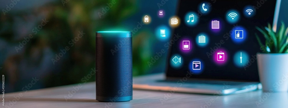 Poster a digital assistant projecting icons of connected devices and productivity apps
