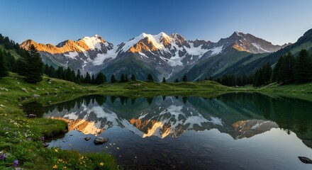 Majestic Mountains Reflected in Calm Lake at Dawn. AI Generated