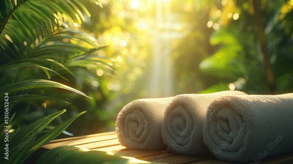 Poster soft towels neatly arranged on a wooden table creating a relaxing atmosphere for a health retreat ex
