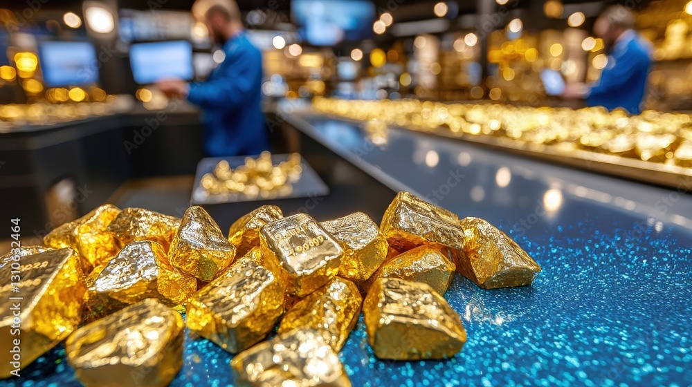 Poster a digital display of gold price movements with a trader in the background.